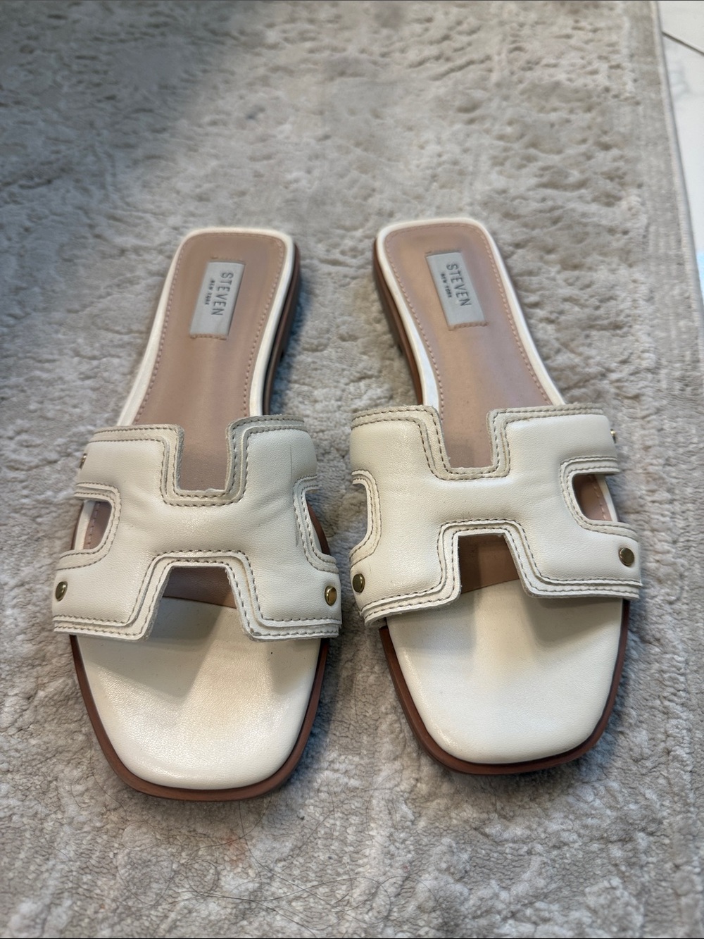 STEVEN by Steve Madden Cream Leather H-Cut Slide Sandals
